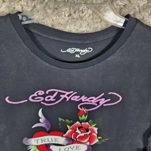 Ed Hardy Shirt Womens XL Black True Love Rose Tattoo Graphic Tee Crew Neck Print - Picture 3 of 9